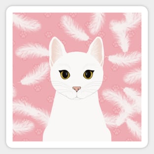 The cute white cat queen is watching you , white feathers and small kitten footsteps in the pink background Sticker